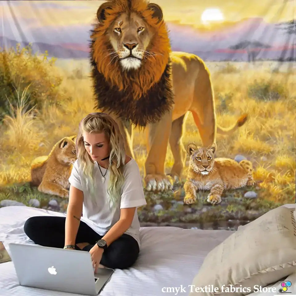 Decorbites lion tapestry silver grassland animal wall hanging bedroom