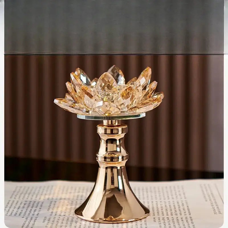 Golden crystal lotus glass flower candle holder dining room tabletop