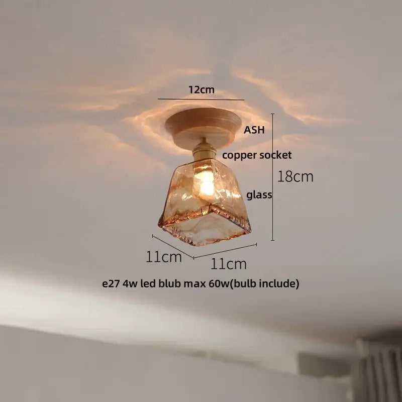 Modern amber lotus glass led ceiling light bedroom copper base