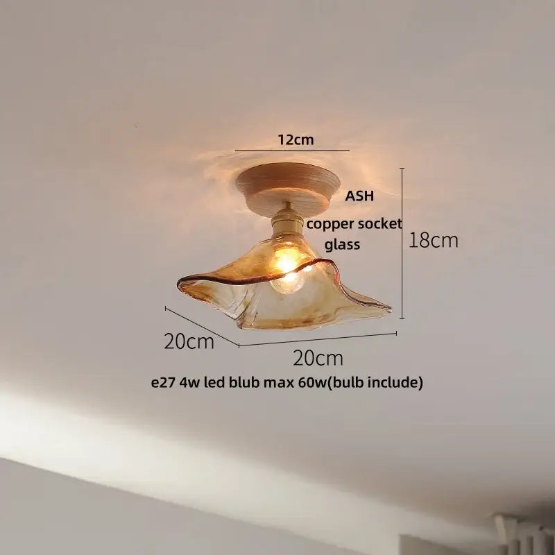 Modern amber lotus glass led ceiling light bedroom copper base