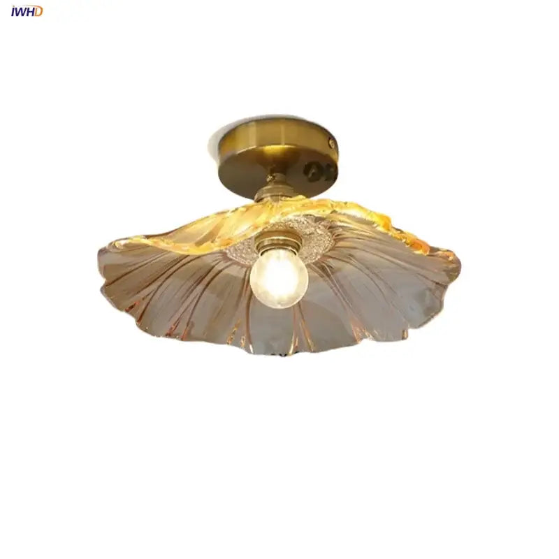Modern amber lotus glass led ceiling light bedroom copper base