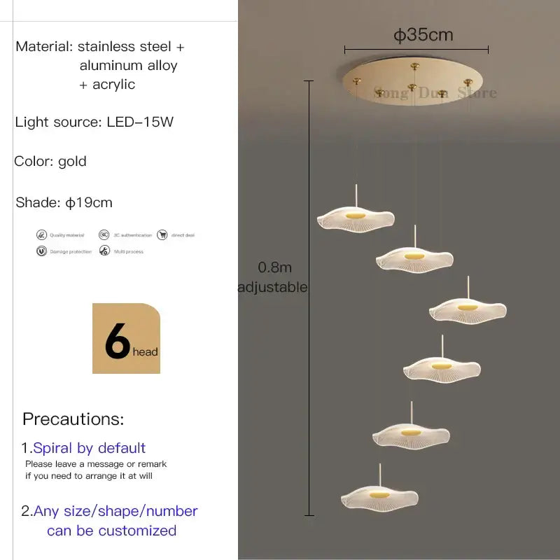 Modern white lotus leaf spiral staircase chandelier living room light