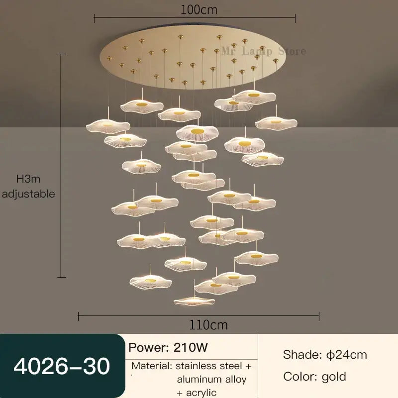 Modern white lotus leaf spiral staircase chandelier living room light