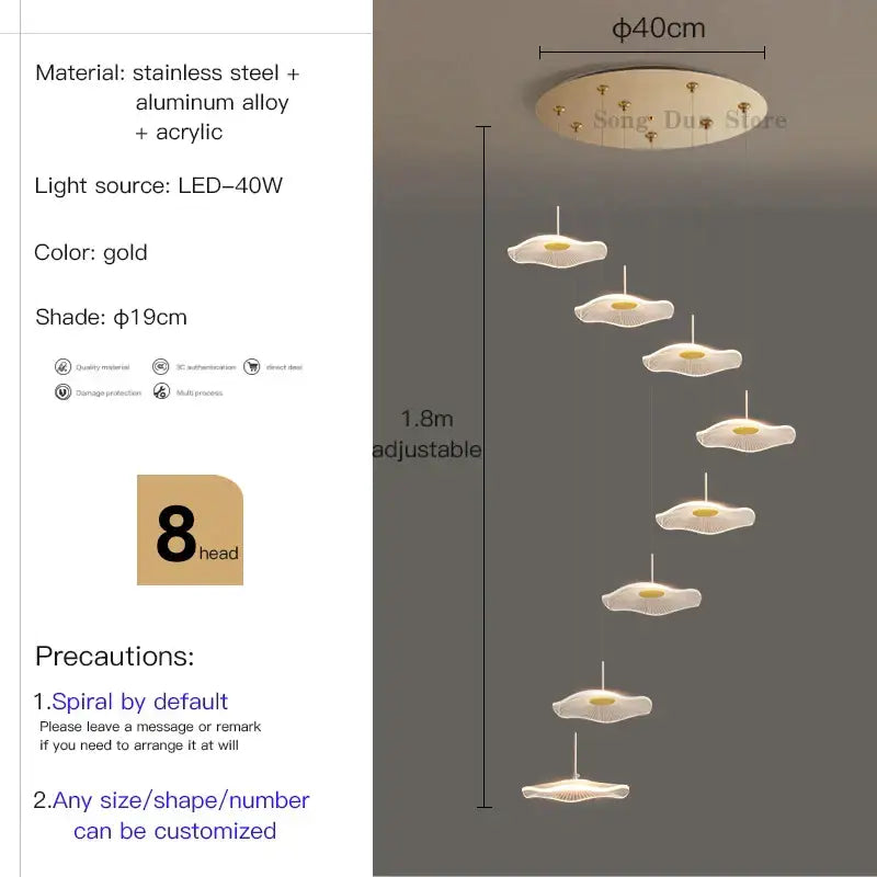 Modern white lotus leaf spiral staircase chandelier living room light