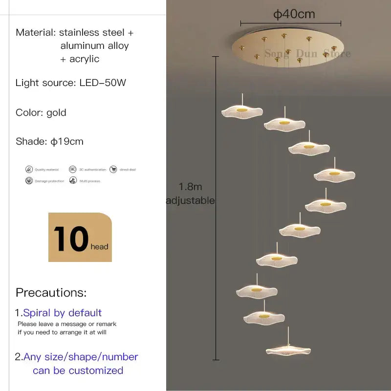 Modern white lotus leaf spiral staircase chandelier living room light