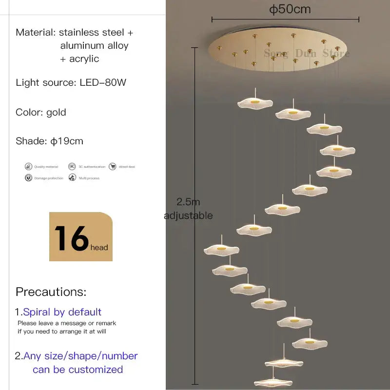 Modern white lotus leaf spiral staircase chandelier living room light