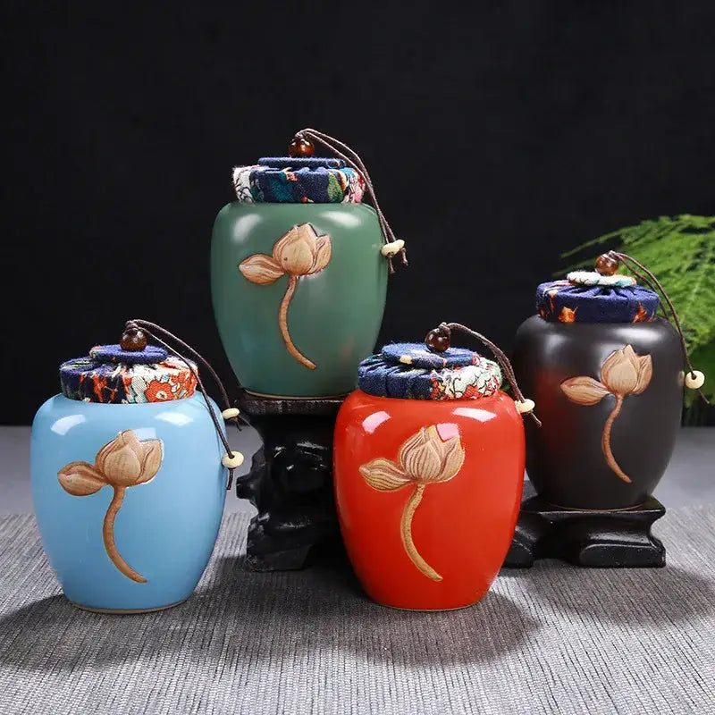 Vintage lotus ceramic tea storage jar kitchen pot storage jar