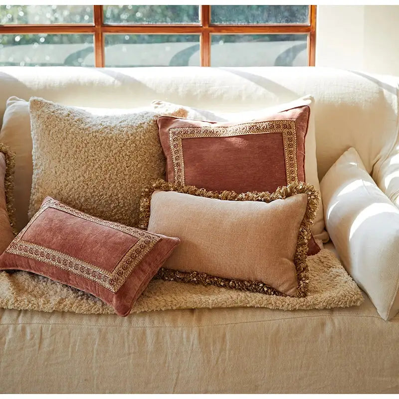 Vintage lotus pink european style velvet pillow cover bedroom tassels