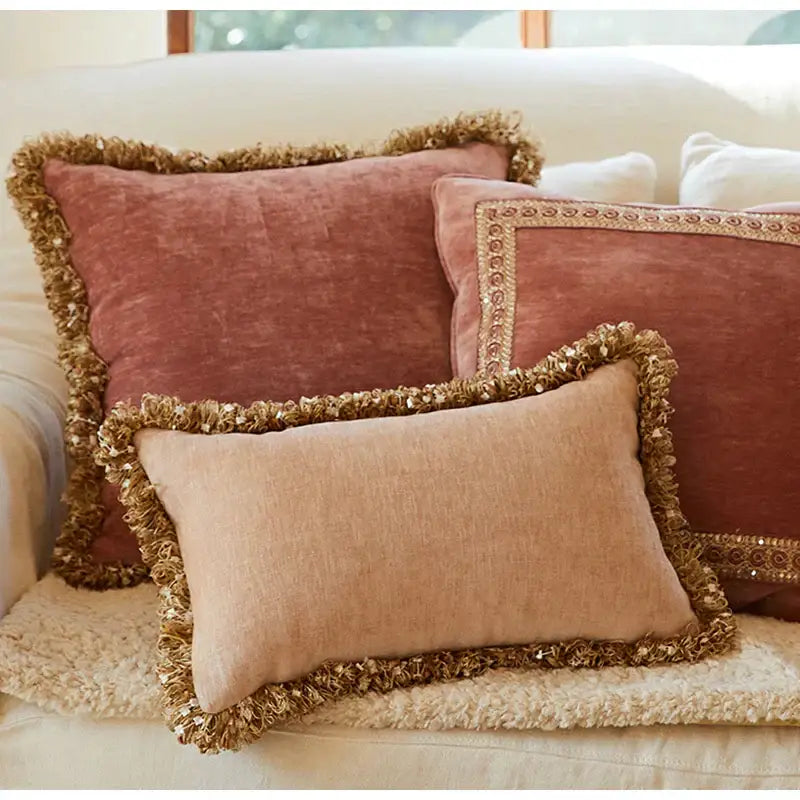 Vintage lotus pink european style velvet pillow cover bedroom tassels