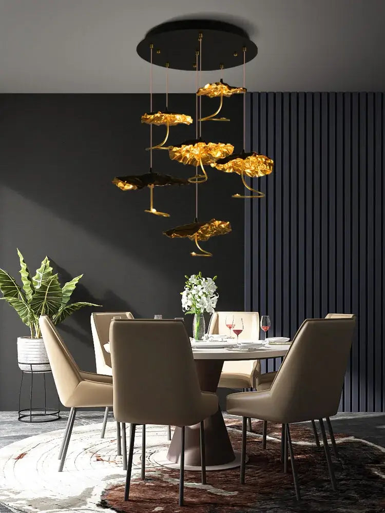 Decorbites lotus staircase gold & black flower chandelier stairwell light