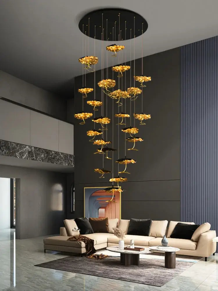 Decorbites lotus staircase gold & black flower chandelier stairwell light