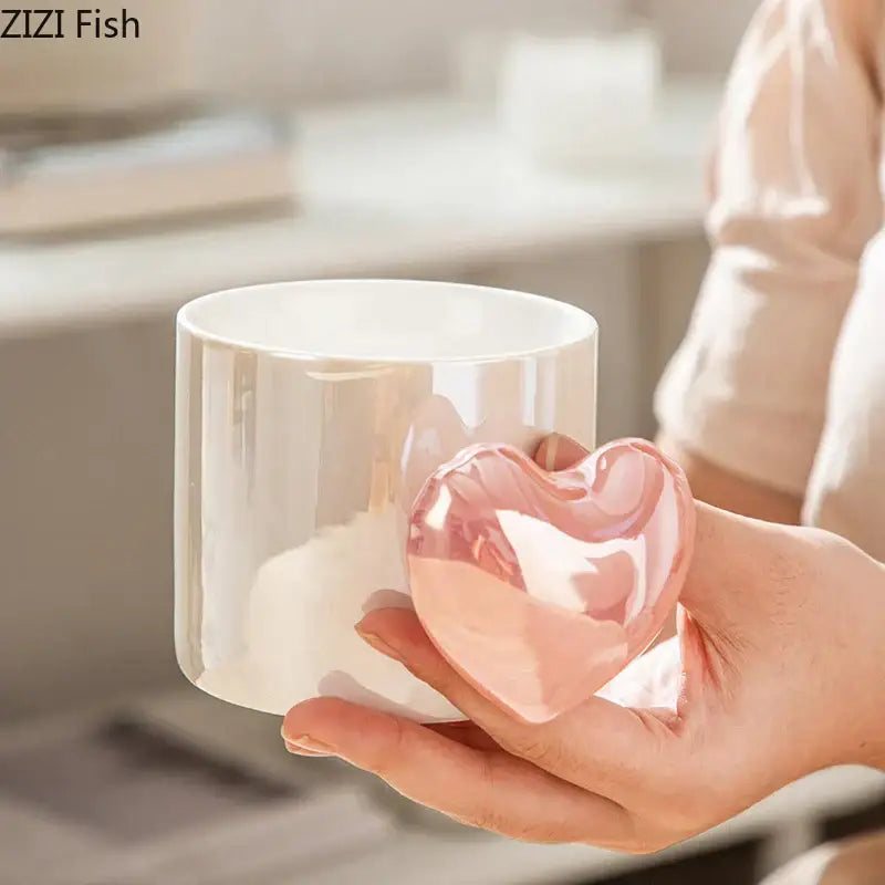 Glossy pink love heart ceramic mug dining room coffee cup
