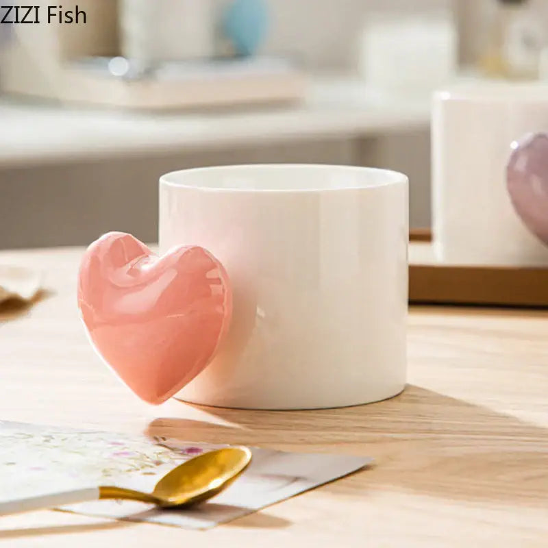 Glossy pink love heart ceramic mug dining room coffee cup