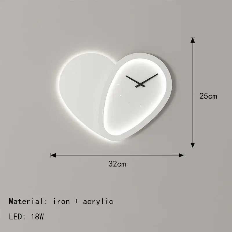 Modern white heart shaped clock wall lamp bedroom led lighting