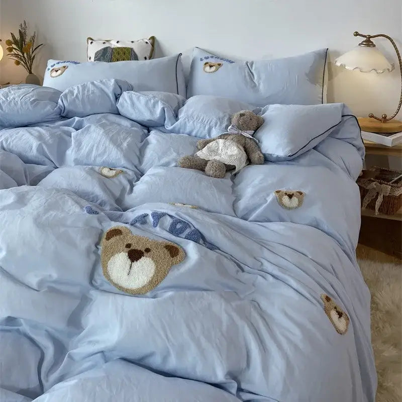 Lovely bear and sheep embroidered bedding set bedroom cream plush duvet