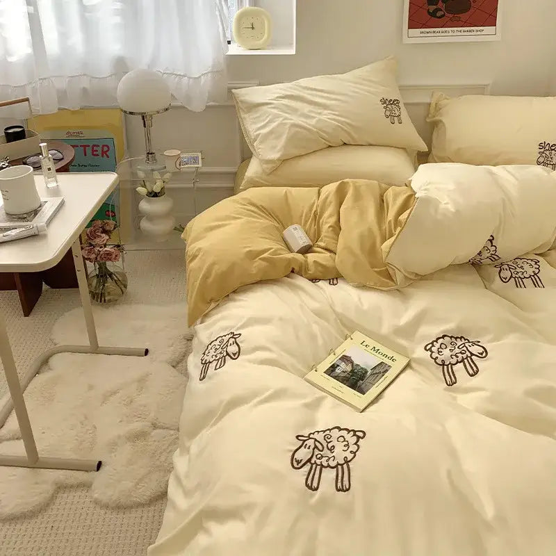 Lovely bear and sheep embroidered bedding set bedroom cream plush duvet
