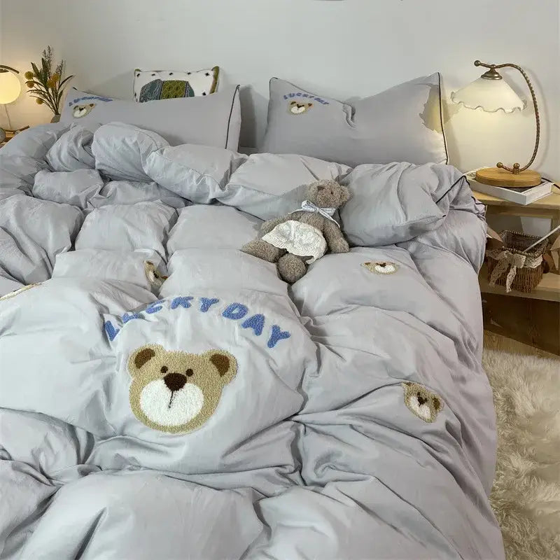 Lovely bear and sheep embroidered bedding set bedroom cream plush duvet