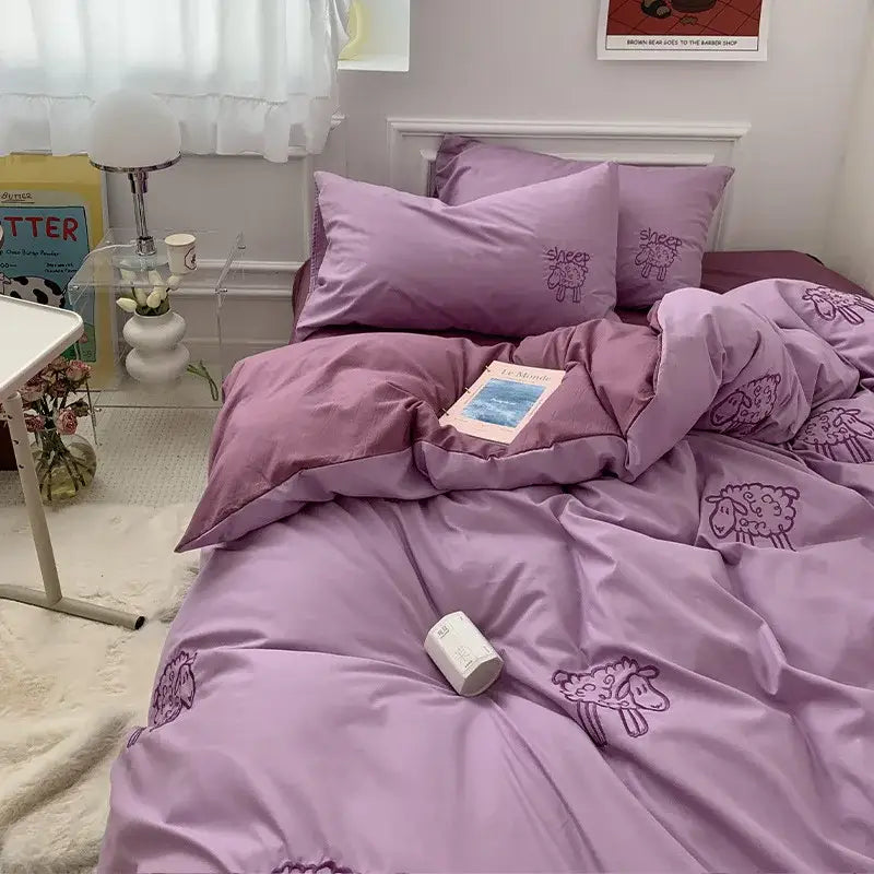 Lovely bear and sheep embroidered bedding set bedroom cream plush duvet