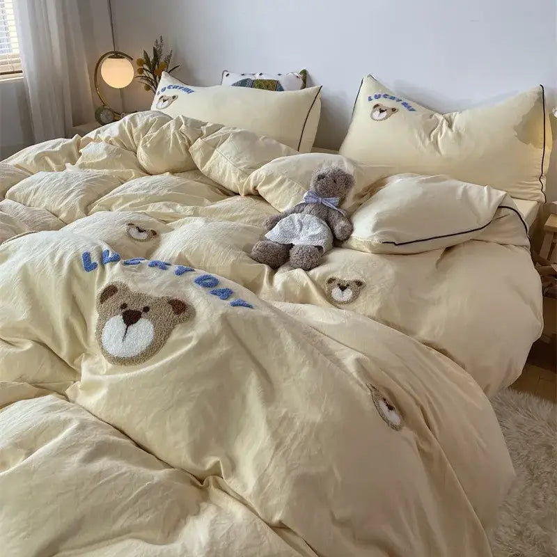 Lovely bear and sheep embroidered bedding set bedroom cream plush duvet