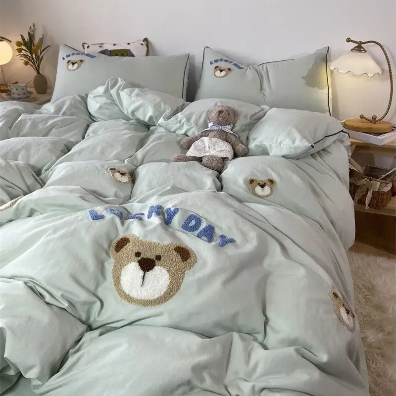 Lovely bear and sheep embroidered bedding set bedroom cream plush duvet