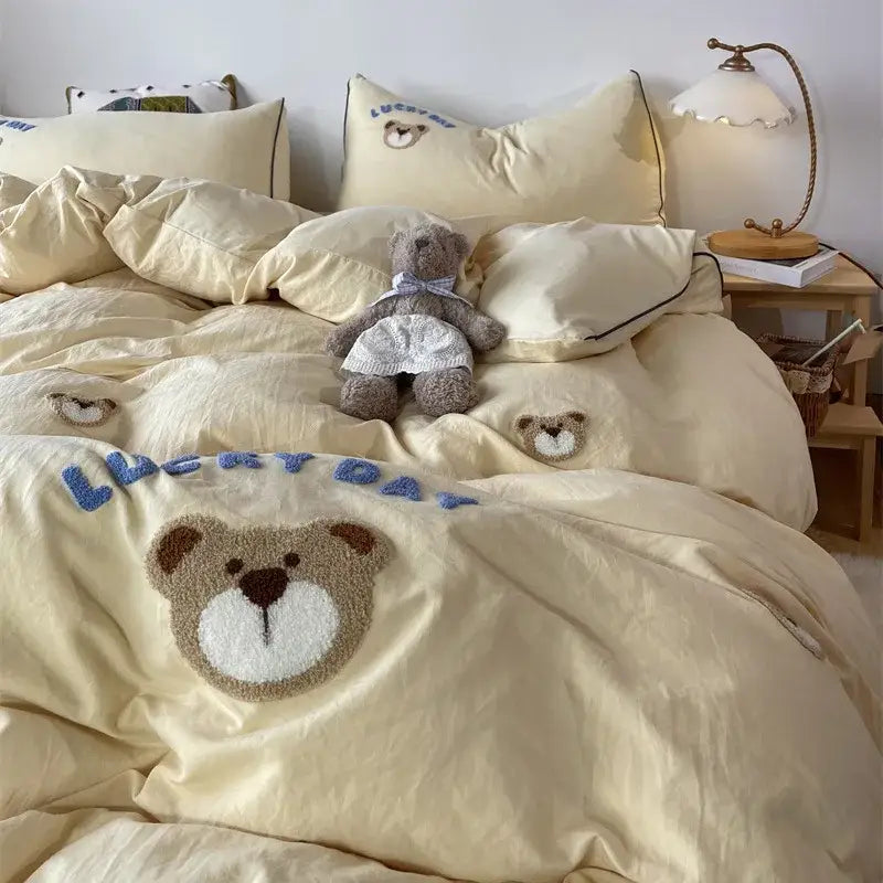 Lovely bear and sheep embroidered bedding set bedroom cream plush duvet