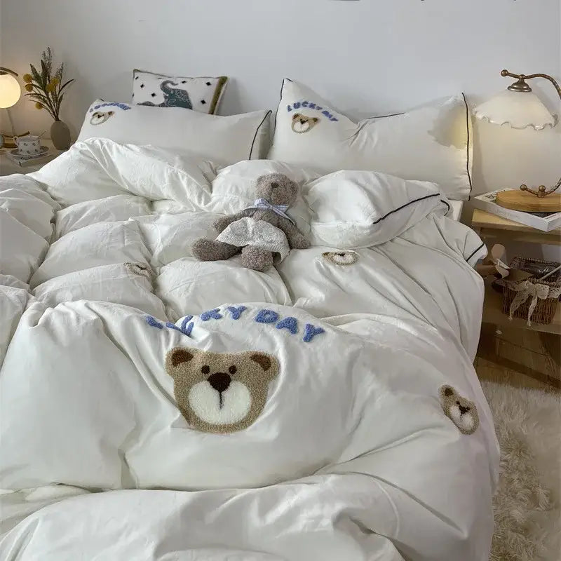 Lovely bear and sheep embroidered bedding set bedroom cream plush duvet