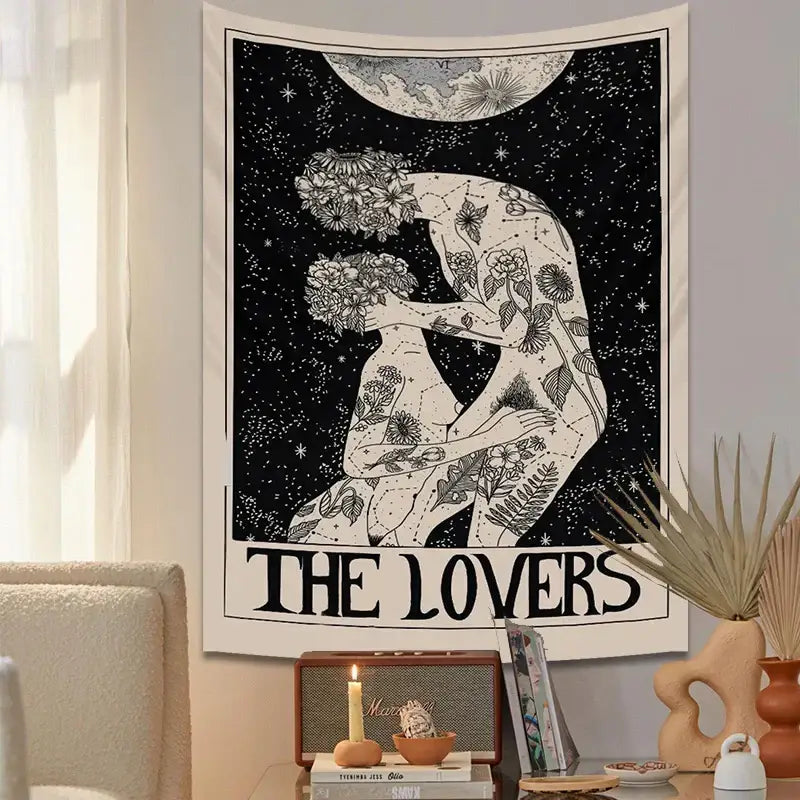 Boho beige and black lovers tarot tapestry bedroom wall decor