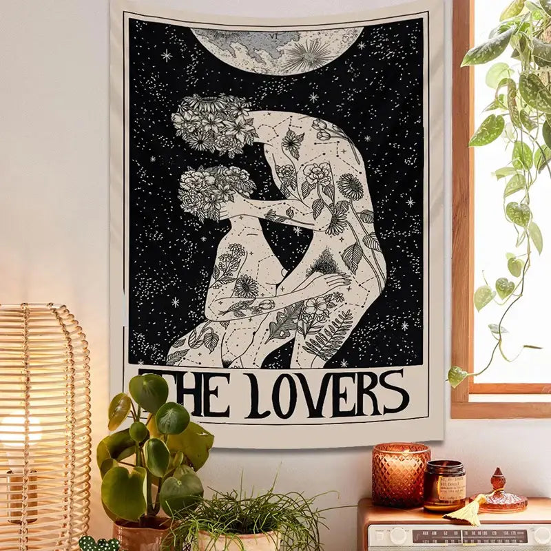 Boho beige and black lovers tarot tapestry bedroom wall decor