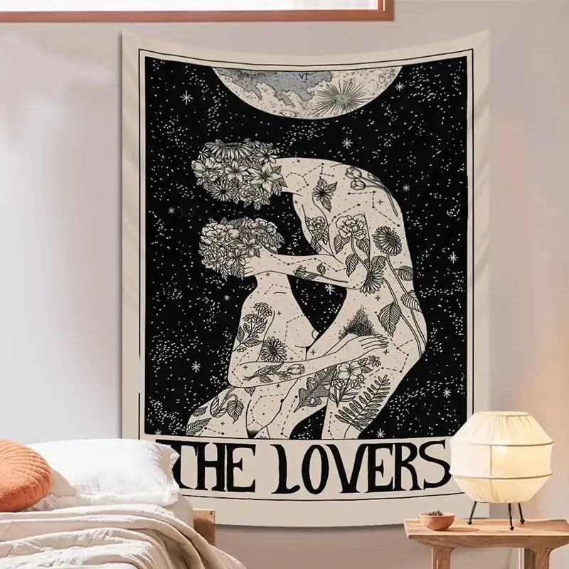 Boho beige and black lovers tarot tapestry bedroom wall decor