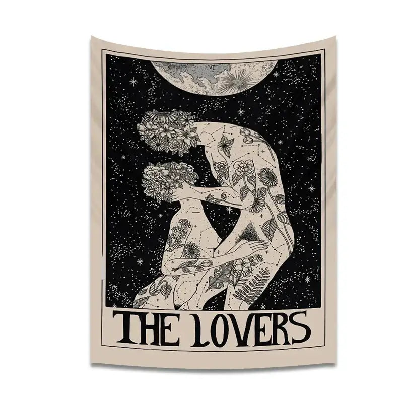 Boho beige and black lovers tarot tapestry bedroom wall decor