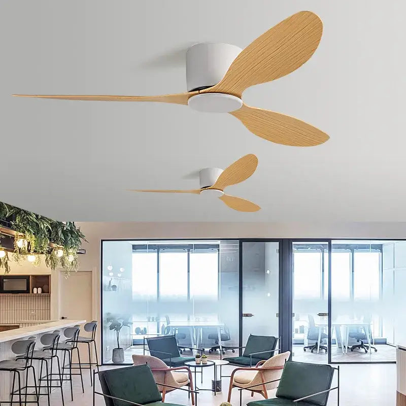 Modern white and light wood ceiling fan bedroom low floor design