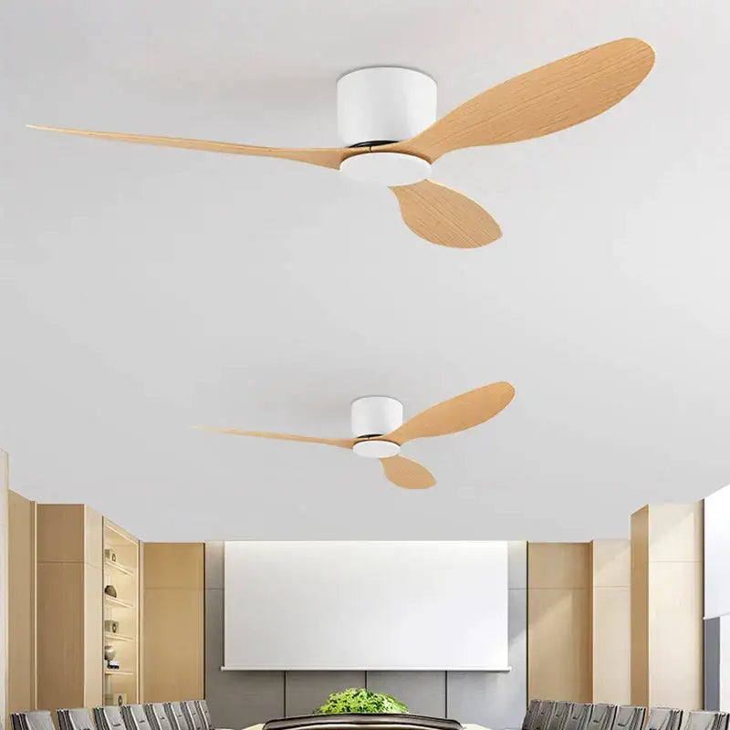 Modern white and light wood ceiling fan bedroom low floor design