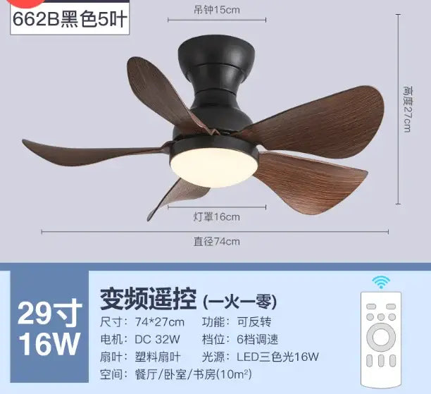 Modern low floor dc motor ceiling fan with light for living room