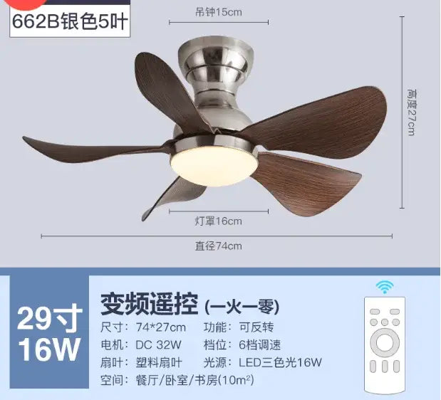 Modern low floor dc motor ceiling fan with light for living room