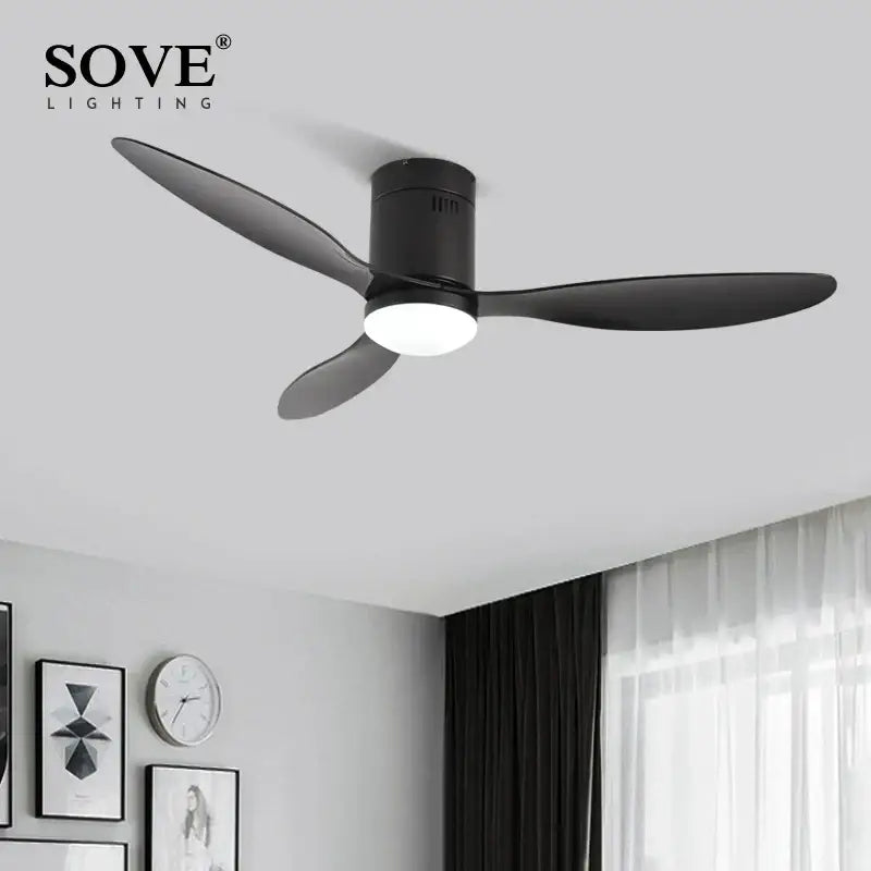 Modern black low floor ceiling fan with remote control bedroom light