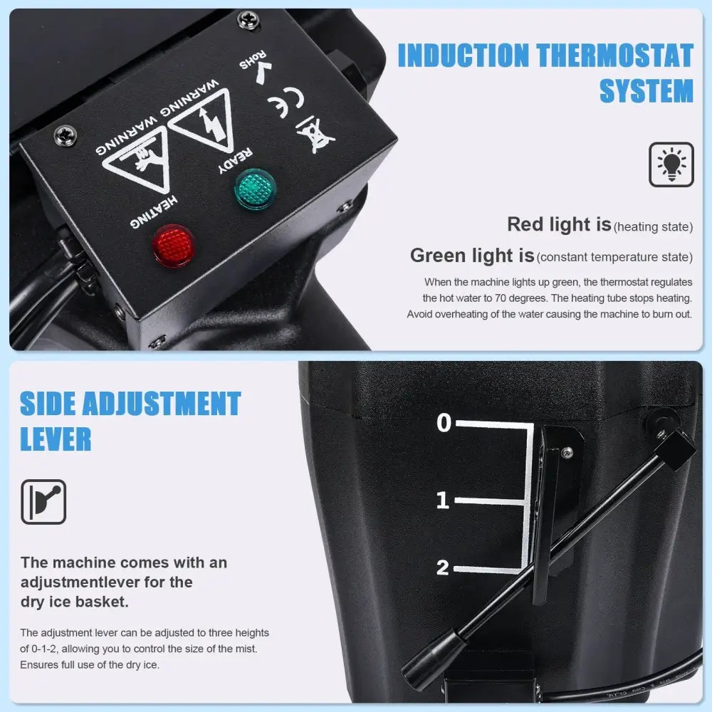Black low lying fog machine with adjustable lever for events stage
