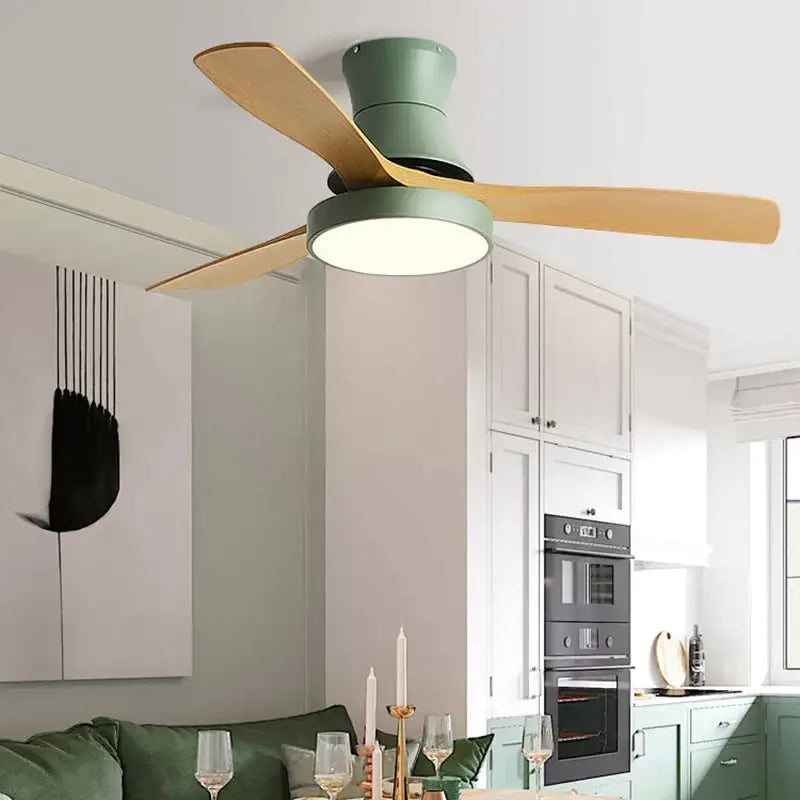 Modern green & wood low profile ceiling fan bedroom light