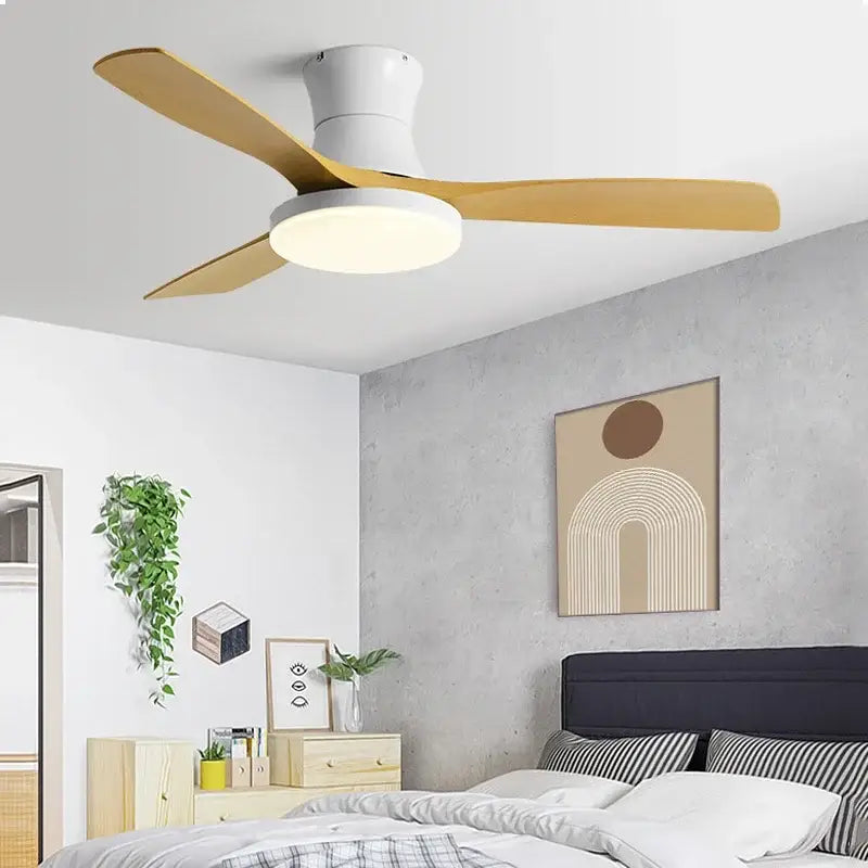 Modern black and dark wood low profile ceiling fan bedroom light