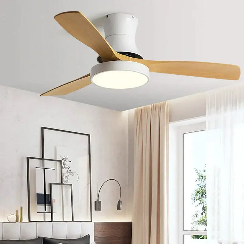 Modern green & wood low profile ceiling fan bedroom light