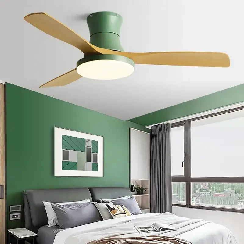 Modern green & wood low profile ceiling fan bedroom light