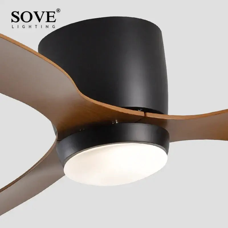 Modern black and wood low profile ceiling fan bedroom remote control