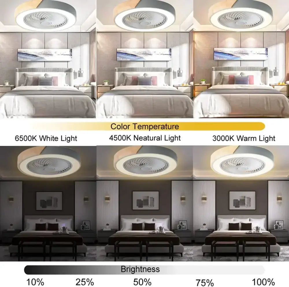 Modern gray & wood low profile ceiling fan bedroom led light