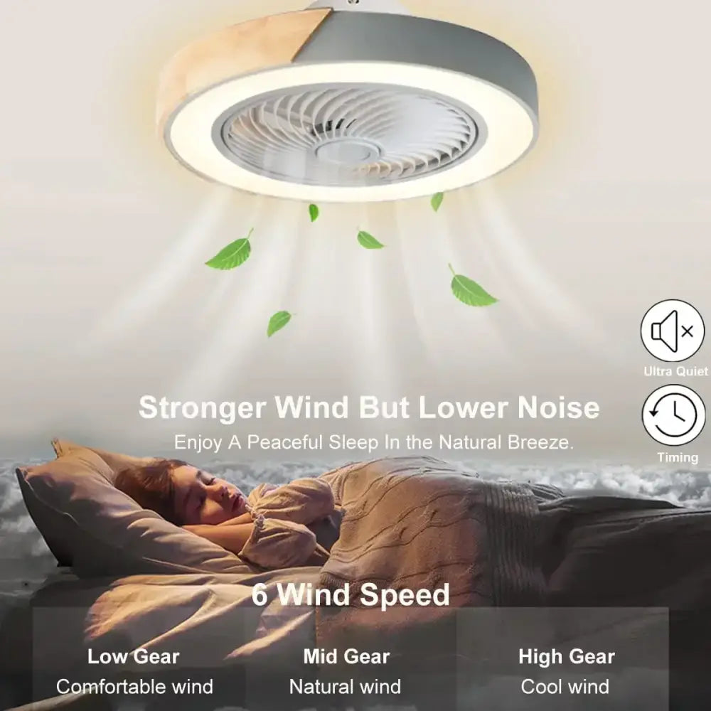 Modern gray & wood low profile ceiling fan bedroom led light