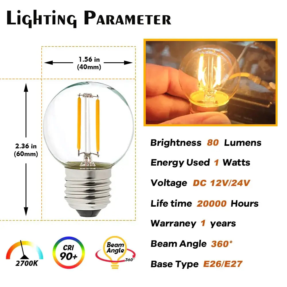 Warm white low voltage 12v led filament g40 bulb outdoor patio light