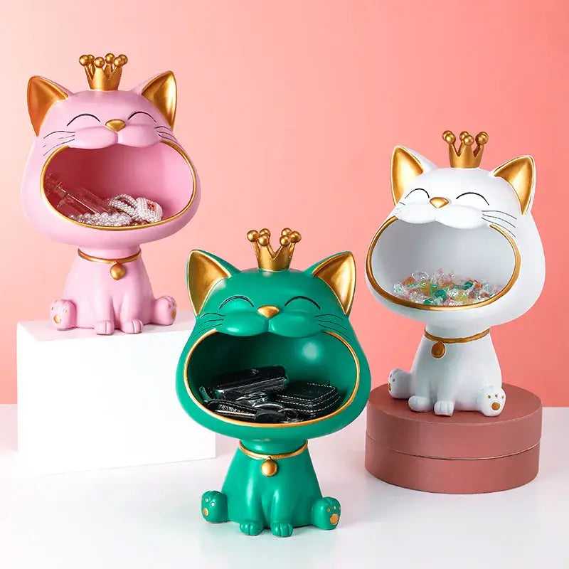 Modern white and gold lucky cat sculpture kitchen fruit bowl