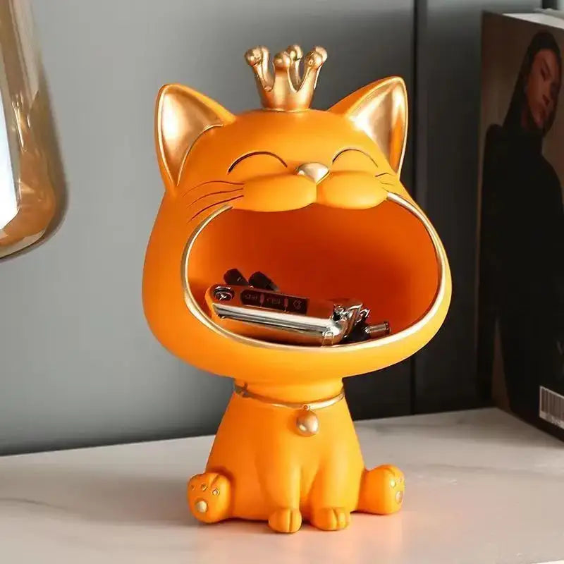 Modern white and gold lucky cat sculpture kitchen fruit bowl