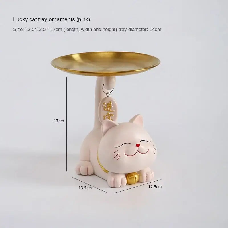 Pink & cream ceramic lucky cat statue storage tray living room