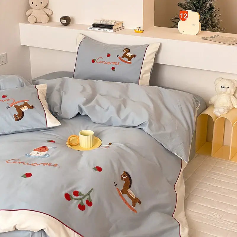 Light blue rocking horse lucky trojan cotton bedding set bedroom