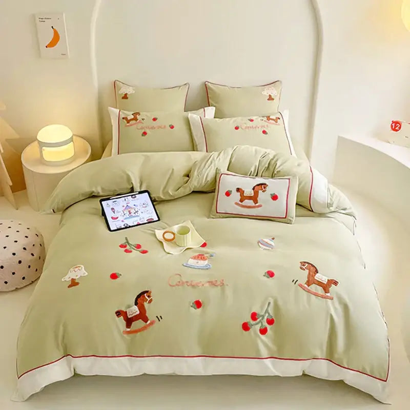 Light blue rocking horse lucky trojan cotton bedding set bedroom