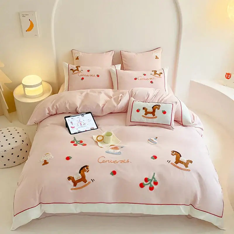 Light blue rocking horse lucky trojan cotton bedding set bedroom